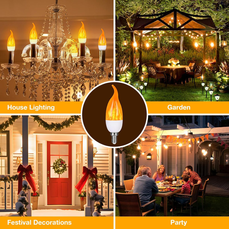 The Holiday Aisle E12 LED Flame Bulb 3 Modes Flicker Bulb Candle Holder Candle Fire Bulb For Home Party Patio Indoor Outdoor Halloween Decoration 2 Pcs Set Wayfair
